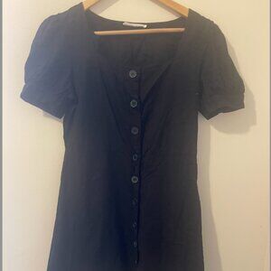 Chic Black Linen Puff Sleeve Button-Front Mini Dress – Size Large